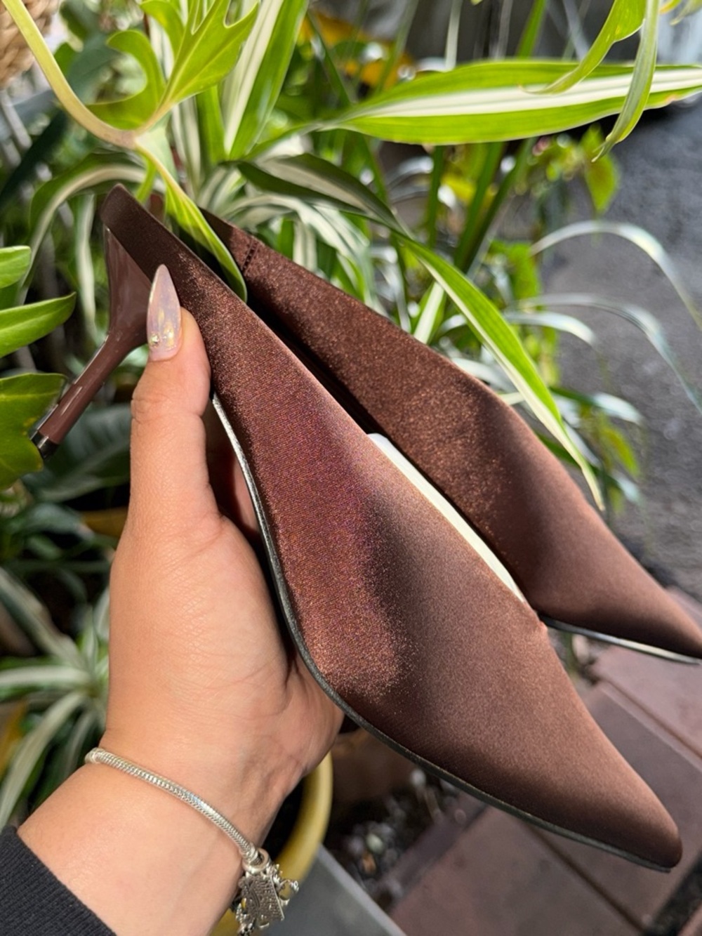 Satin Pointed-Toe Brown Mules with Slim Heel
